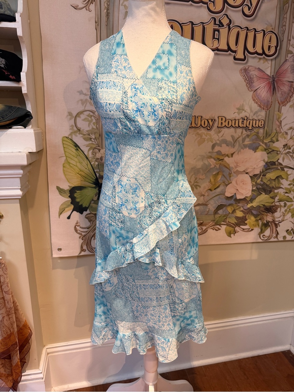 Sleeveless Blue Patchwork Ruffle Midi Dress
